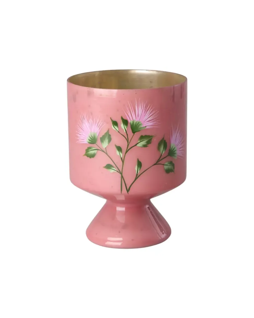 Blomsterpotte Med Fot I Rosa Med Håndmalte Blomster