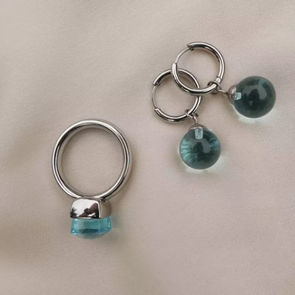 Hoops Med Glasskule Aqua Sølv 13mm