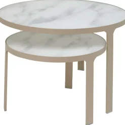 Nakameguro - Sofabordsett Glass Med Marmorprint, Beige Base D70 H42/D50 H32cm