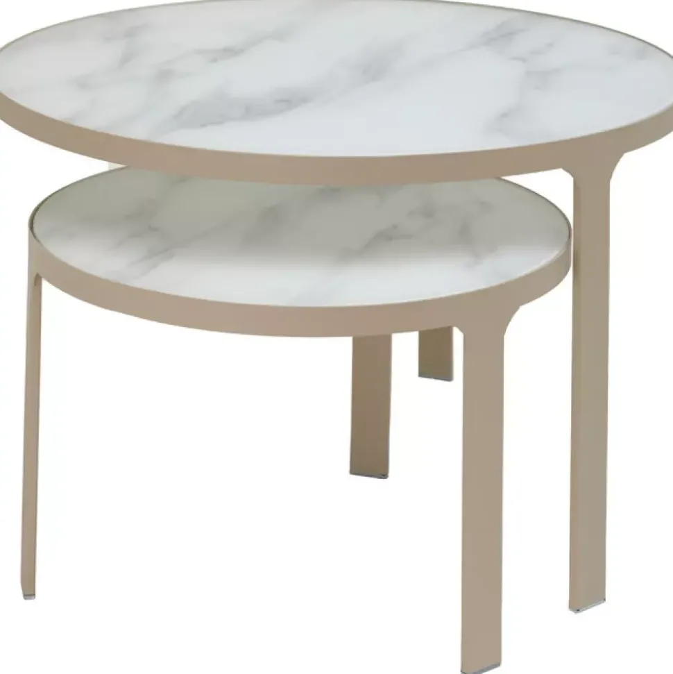 Nakameguro - Sofabordsett Glass Med Marmorprint, Beige Base D70 H42/D50 H32cm