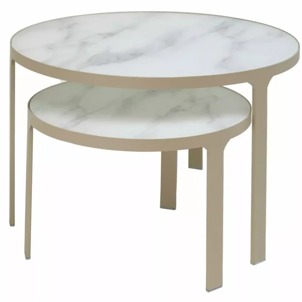 Nakameguro - Sofabordsett Glass Med Marmorprint, Beige Base D70 H42/D50 H32cm