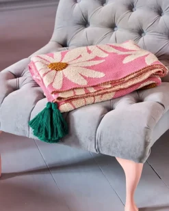Strikket Pledd Rosa Med Blomster