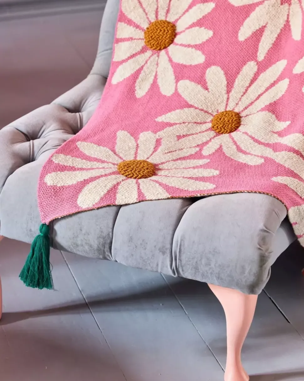 Strikket Pledd Rosa Med Blomster